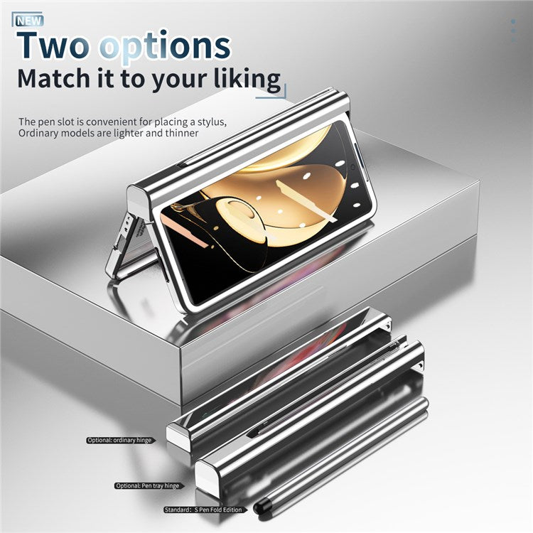 For Honor Magic V Tempered Glass Film Phone Cover Pen Slot Hinge Electroplating Folding PC Case with Stylus Pen - Silver