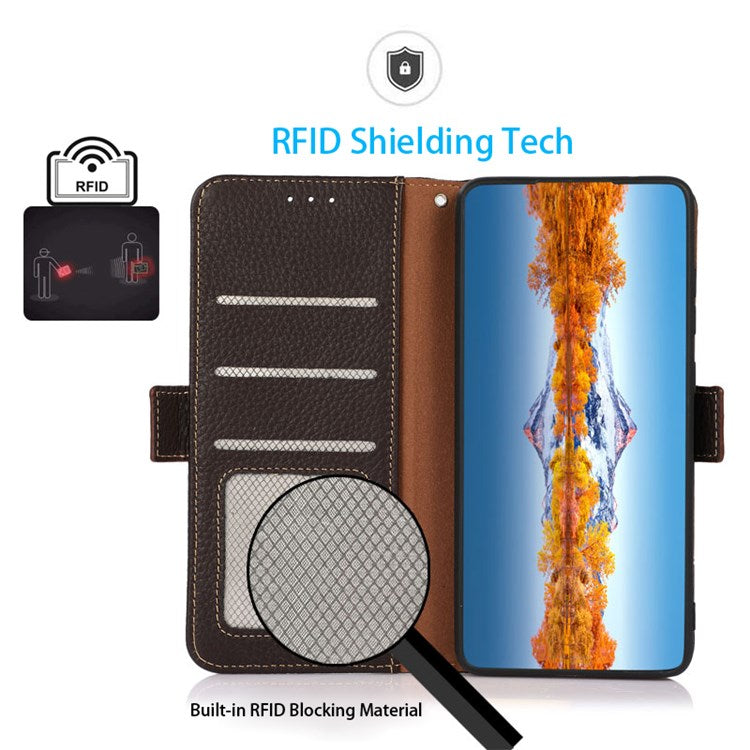 KHAZNEH For Honor X8 4G / 30i / Play6T Pro Litchi Texture Genuine Leather Wallet Flip Case Side Magnetic Clasp RFID Blocking Stand Protective Cover - Brown