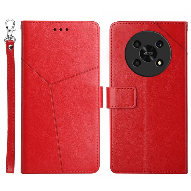 HT01 For Honor Magic 4 Lite 5G Cell Phone Cover Bag PU Leather Y-Shaped Lines Imprinting Wallet Stand Phone Case - Red