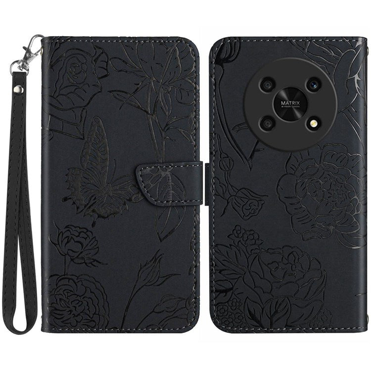 Butterfly Flowers Imprinting PU Leather Phone Shell for Honor Magic4 Lite 5G, Folio Flip Wallet Stand Design Skin Touch Leather Phone Case with Handy Strap - Black