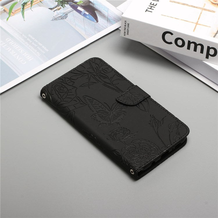 Butterfly Flowers Imprinting PU Leather Phone Shell for Honor Magic4 Lite 5G, Folio Flip Wallet Stand Design Skin Touch Leather Phone Case with Handy Strap - Black