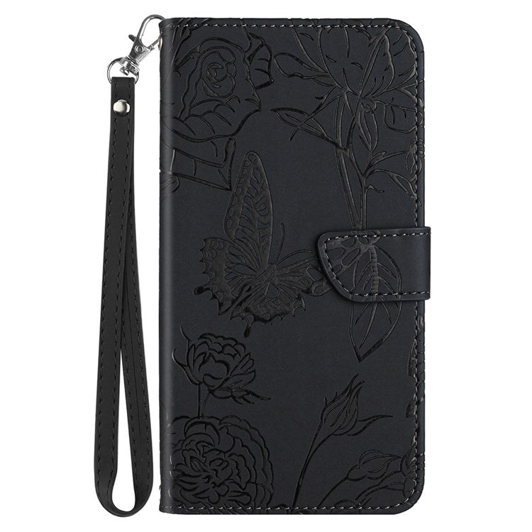Butterfly Flowers Imprinting PU Leather Phone Shell for Honor Magic4 Lite 5G, Folio Flip Wallet Stand Design Skin Touch Leather Phone Case with Handy Strap - Black