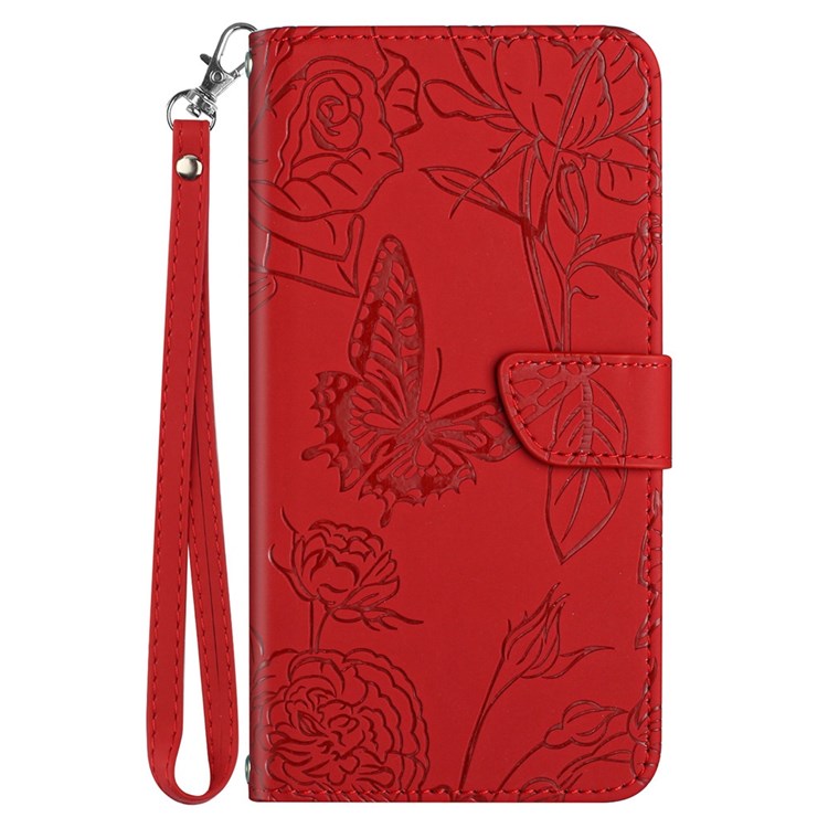 Butterfly Flowers Imprinting PU Leather Phone Shell for Honor Magic4 Lite 5G, Folio Flip Wallet Stand Design Skin Touch Leather Phone Case with Handy Strap - Red