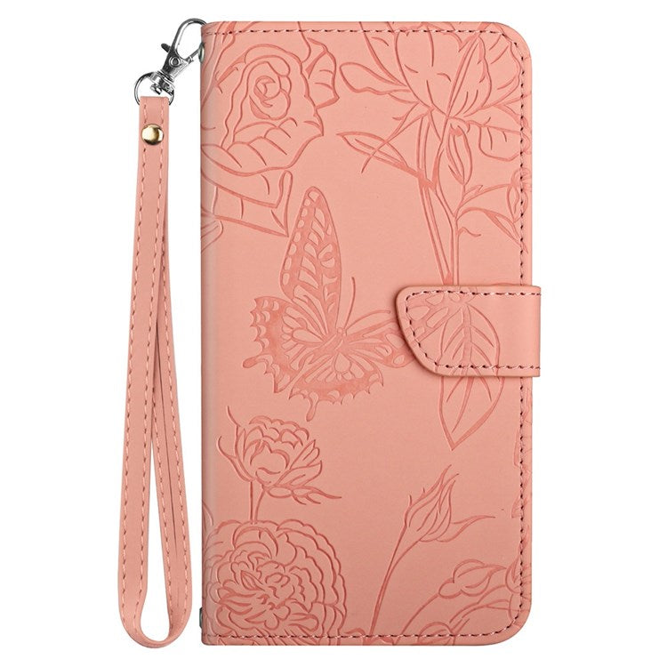 Butterfly Flowers Imprinting PU Leather Phone Shell for Honor Magic4 Lite 5G, Folio Flip Wallet Stand Design Skin Touch Leather Phone Case with Handy Strap - Pink