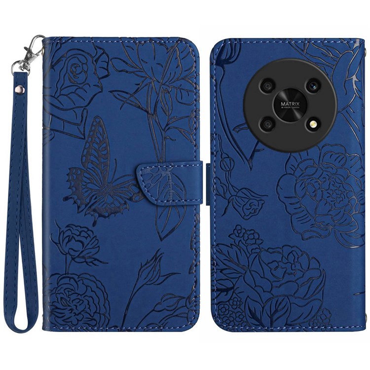 Butterfly Flowers Imprinting PU Leather Phone Shell for Honor Magic4 Lite 5G, Folio Flip Wallet Stand Design Skin Touch Leather Phone Case with Handy Strap - Blue