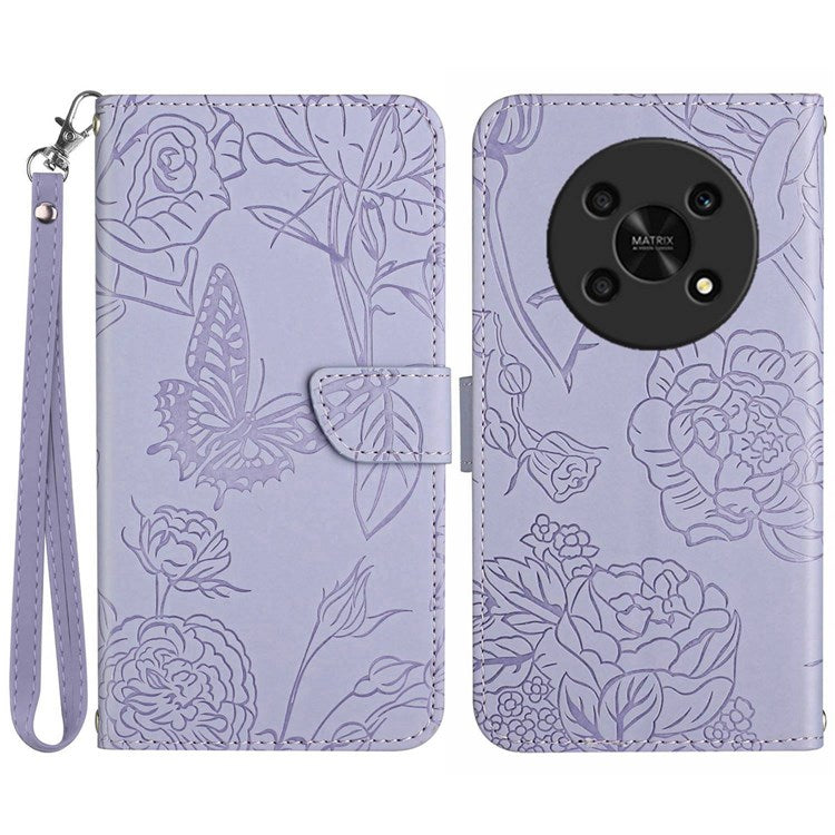 Butterfly Flowers Imprinting PU Leather Phone Shell for Honor Magic4 Lite 5G, Folio Flip Wallet Stand Design Skin Touch Leather Phone Case with Handy Strap - Light Purple