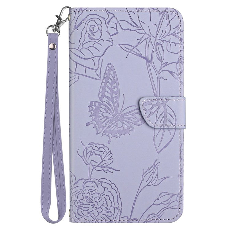 Butterfly Flowers Imprinting PU Leather Phone Shell for Honor Magic4 Lite 5G, Folio Flip Wallet Stand Design Skin Touch Leather Phone Case with Handy Strap - Light Purple
