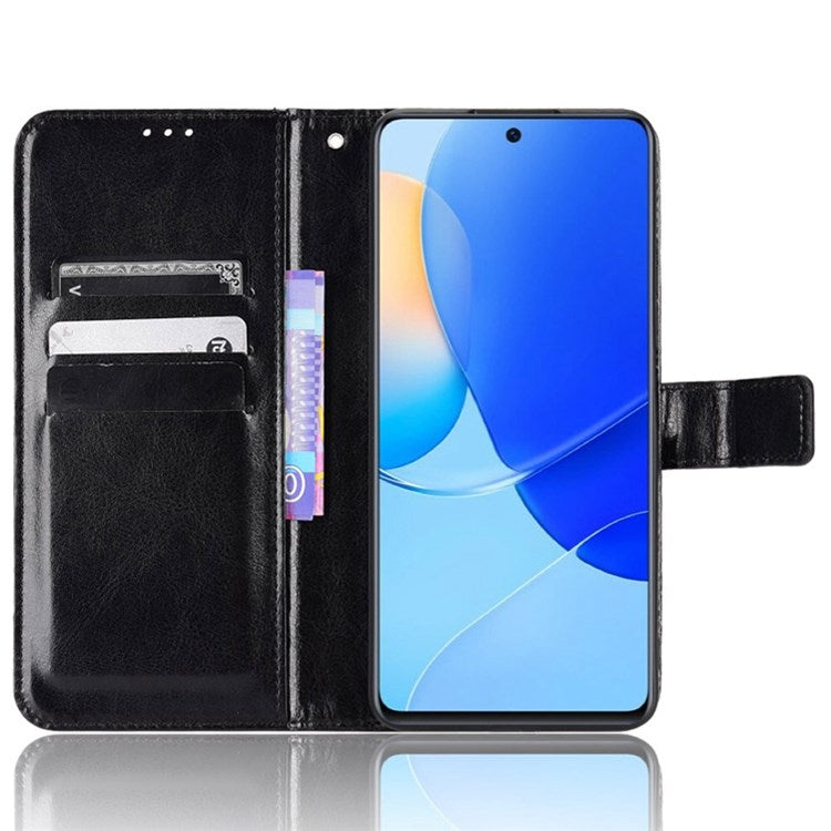 For Honor 50 SE/Huawei nova 9 SE Crazy Horse Texture PU Leather Phone Case Shockproof TPU Wallet Stand Book Style Flip Cover with Strap - Black