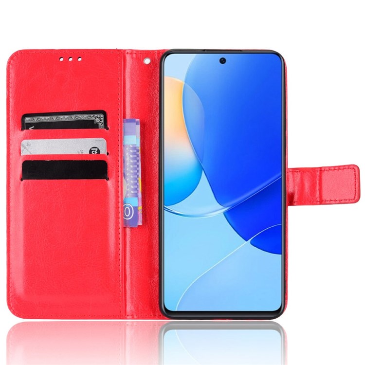 For Honor 50 SE/Huawei nova 9 SE Crazy Horse Texture PU Leather Phone Case Shockproof TPU Wallet Stand Book Style Flip Cover with Strap - Red