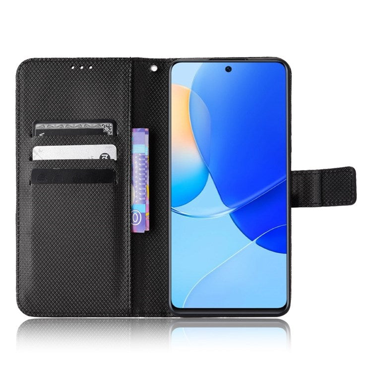 Protective Case for Honor 50 SE/Huawei nova 9 SE, Diamond Texture Stand PU Leather+TPU Double Protection Wallet Shell with Wrist Strap - Black