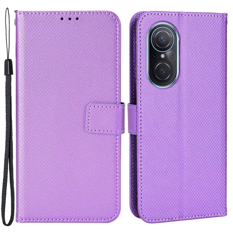 Protective Case for Honor 50 SE/Huawei nova 9 SE, Diamond Texture Stand PU Leather+TPU Double Protection Wallet Shell with Wrist Strap - Purple