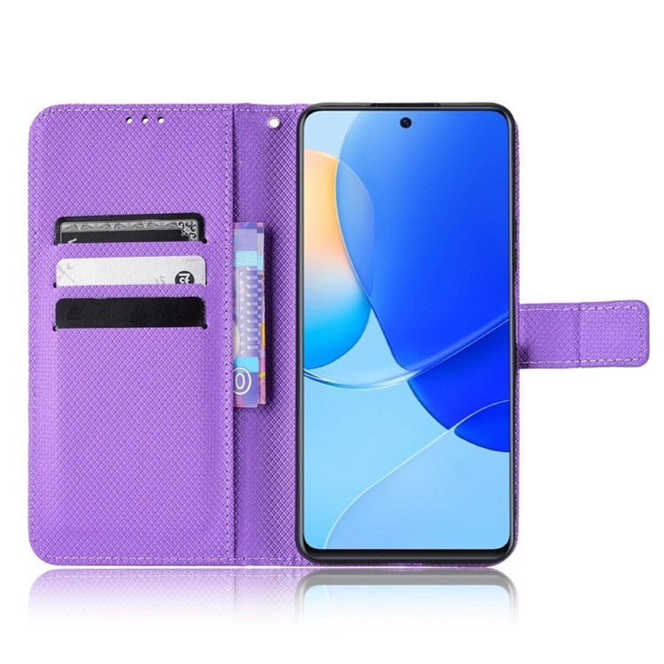 Protective Case for Honor 50 SE/Huawei nova 9 SE, Diamond Texture Stand PU Leather+TPU Double Protection Wallet Shell with Wrist Strap - Purple