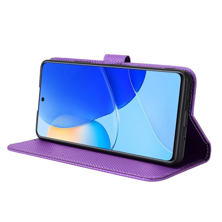 Protective Case for Honor 50 SE/Huawei nova 9 SE, Diamond Texture Stand PU Leather+TPU Double Protection Wallet Shell with Wrist Strap - Purple