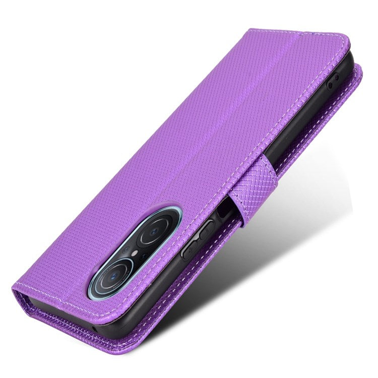 Protective Case for Honor 50 SE/Huawei nova 9 SE, Diamond Texture Stand PU Leather+TPU Double Protection Wallet Shell with Wrist Strap - Purple