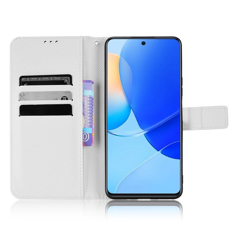 Protective Case for Honor 50 SE/Huawei nova 9 SE, Diamond Texture Stand PU Leather+TPU Double Protection Wallet Shell with Wrist Strap - White