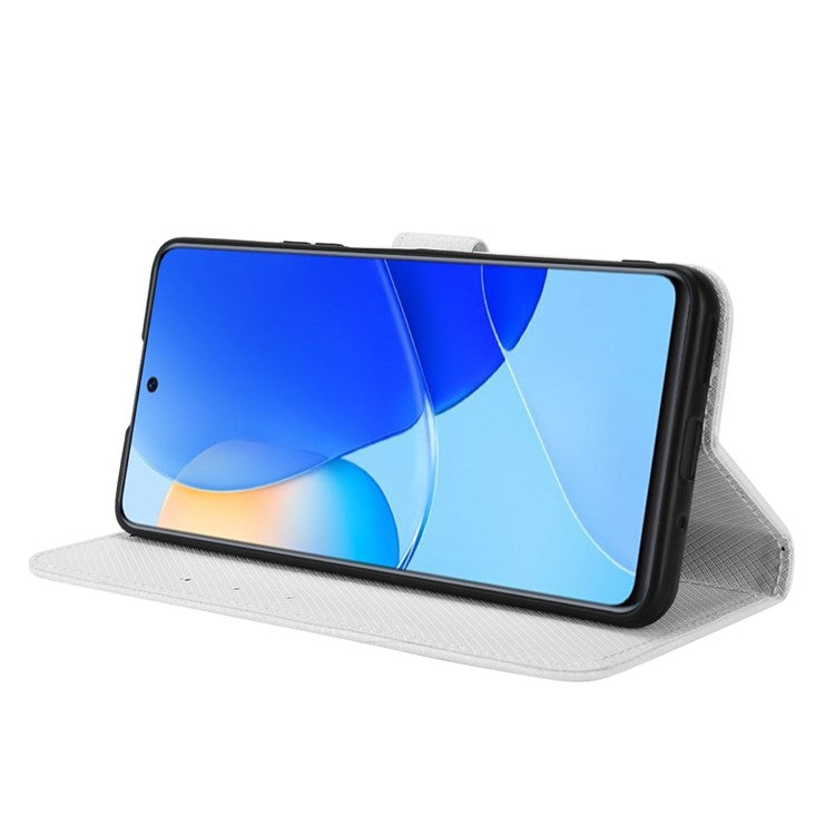 Protective Case for Honor 50 SE/Huawei nova 9 SE, Diamond Texture Stand PU Leather+TPU Double Protection Wallet Shell with Wrist Strap - White