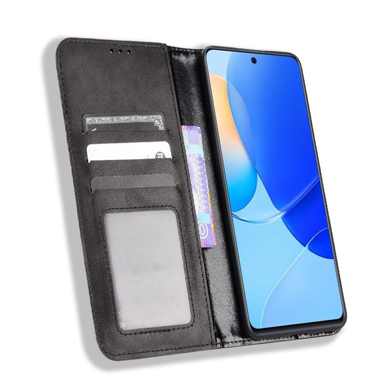 Cell Phone Cover for Honor 50 SE/Huawei nova 9 SE, All-inclusive Protection Auto-Absorbed Retro Surface Wallet Stand Leather Phone Shell - Black