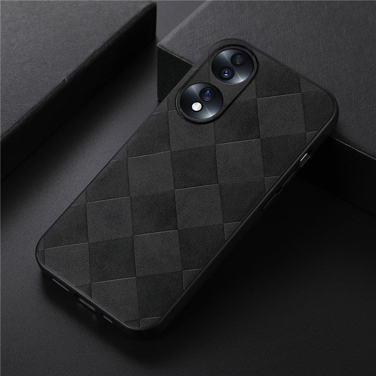 For Honor 70 5G Anti-fall Anti-scratch PU Leather Grid Texture Cell Phone Case Soft TPU Bumper Hard PC Hybrid Protective Shell - Black
