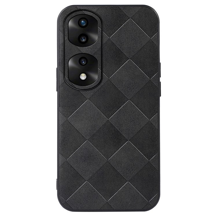 For Honor 70 Pro 5G Protective Grid Texture PU Leather Cell Phone Case Soft TPU Bumper Hard PC Hybrid Shell - Black