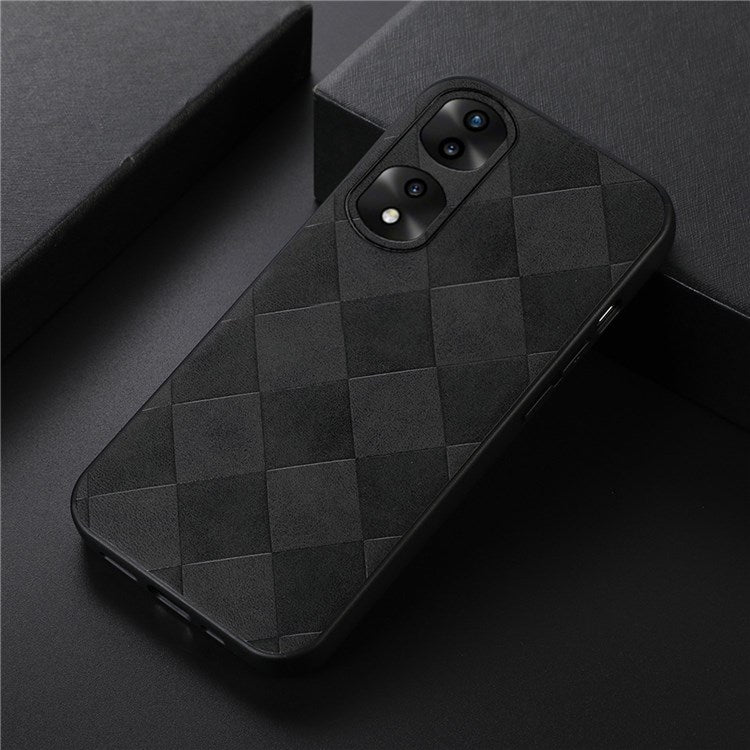 For Honor 70 Pro 5G Protective Grid Texture PU Leather Cell Phone Case Soft TPU Bumper Hard PC Hybrid Shell - Black
