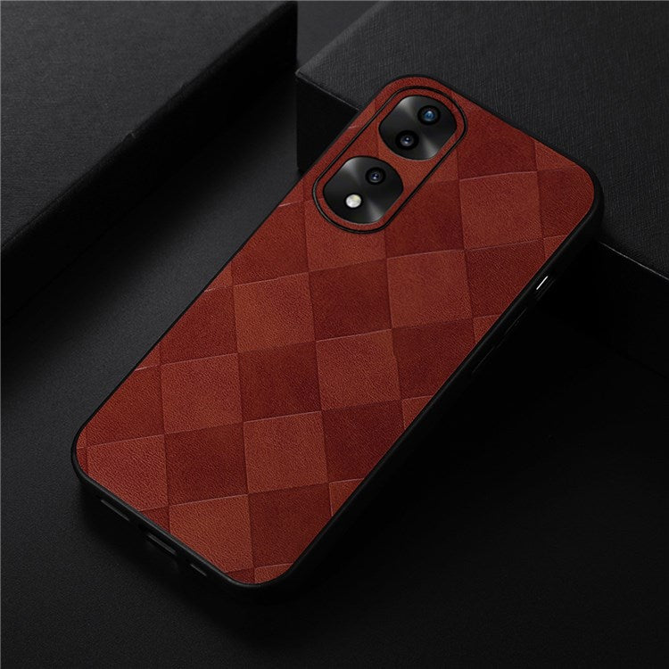 For Honor 70 Pro 5G Protective Grid Texture PU Leather Cell Phone Case Soft TPU Bumper Hard PC Hybrid Shell - Brown