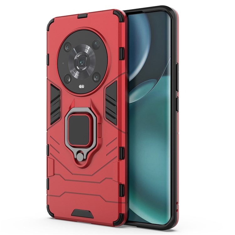 For Honor Magic4 Pro Wear-resistant TPU+PC Phone Case Military Grade Armor Ring Holder Kickstand Back Shell - Red