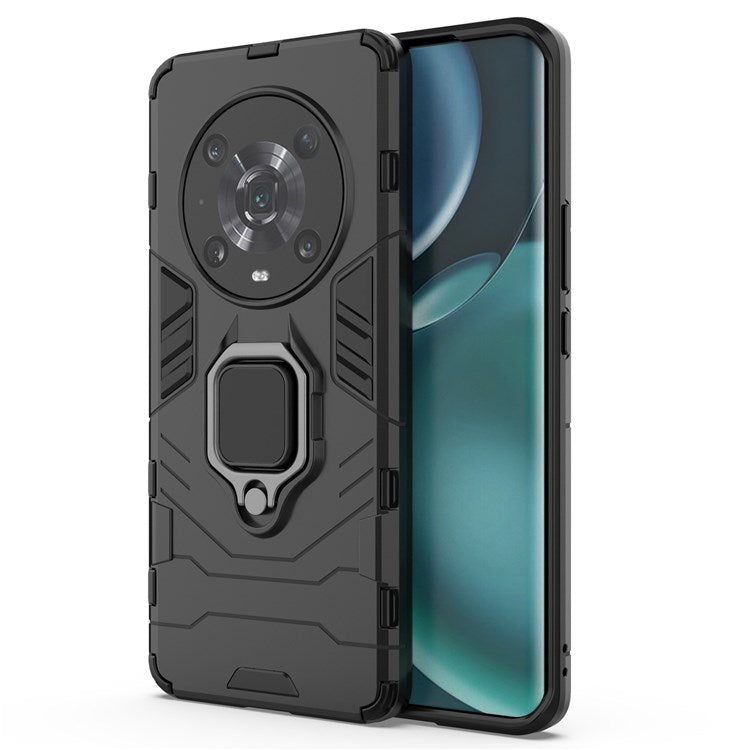 For Honor Magic4 Pro Wear-resistant TPU+PC Phone Case Military Grade Armor Ring Holder Kickstand Back Shell - Black