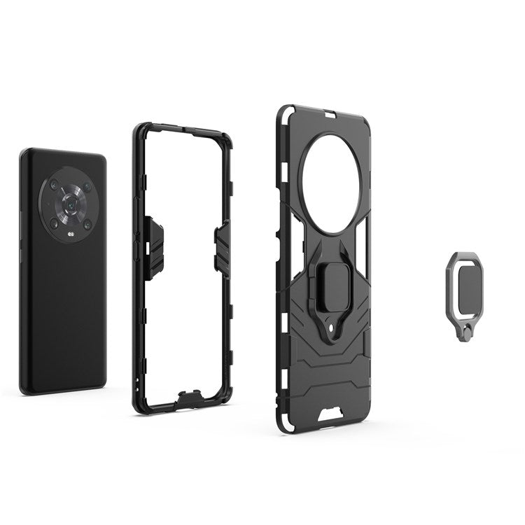For Honor Magic4 Pro Wear-resistant TPU+PC Phone Case Military Grade Armor Ring Holder Kickstand Back Shell - Black