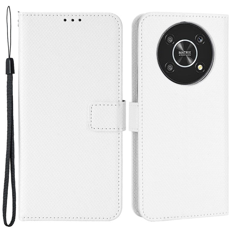 Cell Phone Case for Honor X9 4G/5G/Magic4 Lite 4G/5G/X30 5G Diamond Texture PU Leather+TPU Dual-layer Protection Wallet Phone Cover Case with Strap - White