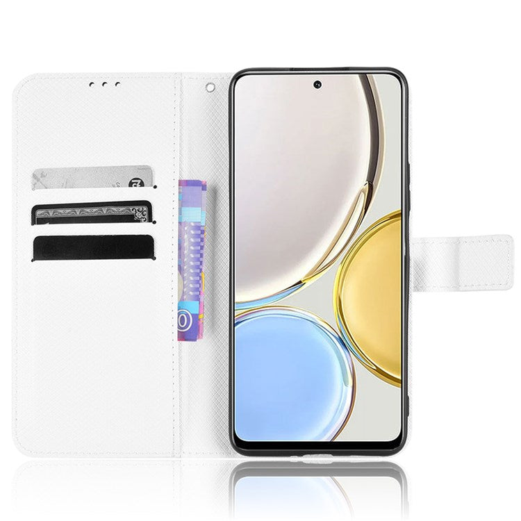 Cell Phone Case for Honor X9 4G/5G/Magic4 Lite 4G/5G/X30 5G Diamond Texture PU Leather+TPU Dual-layer Protection Wallet Phone Cover Case with Strap - White