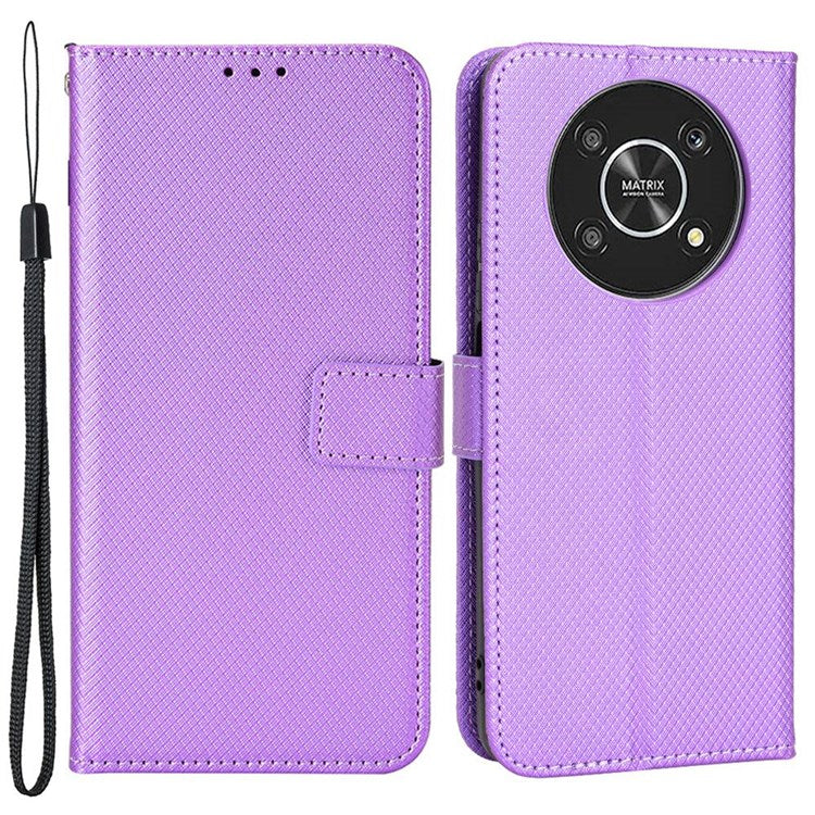 Cell Phone Case for Honor X9 4G/5G/Magic4 Lite 4G/5G/X30 5G Diamond Texture PU Leather+TPU Dual-layer Protection Wallet Phone Cover Case with Strap - Purple