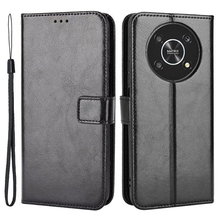 For Honor X9 4G/5G/Magic4 Lite 4G/5G/X30 5G PU Leather Magnetic Case Crazy Horse Texture Inner TPU Anti-Scratch Stand Wallet Cover with Strap - Black