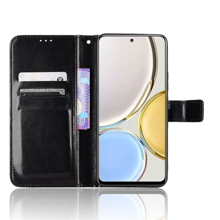 For Honor X9 4G/5G/Magic4 Lite 4G/5G/X30 5G PU Leather Magnetic Case Crazy Horse Texture Inner TPU Anti-Scratch Stand Wallet Cover with Strap - Black