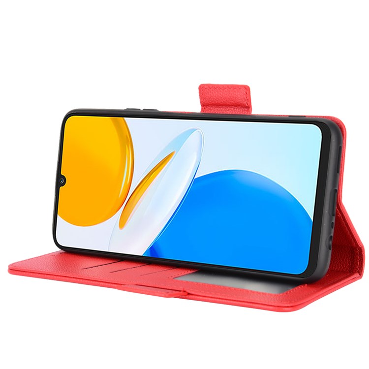 For Honor X7 Litchi Texture Magnetic Closure Wear-resistant Drop-proof Case Leather Stand Wallet Style Cell Phone Shell - Red