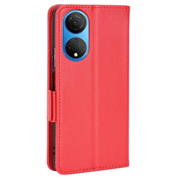 For Honor X7 Litchi Texture Magnetic Closure Wear-resistant Drop-proof Case Leather Stand Wallet Style Cell Phone Shell - Red