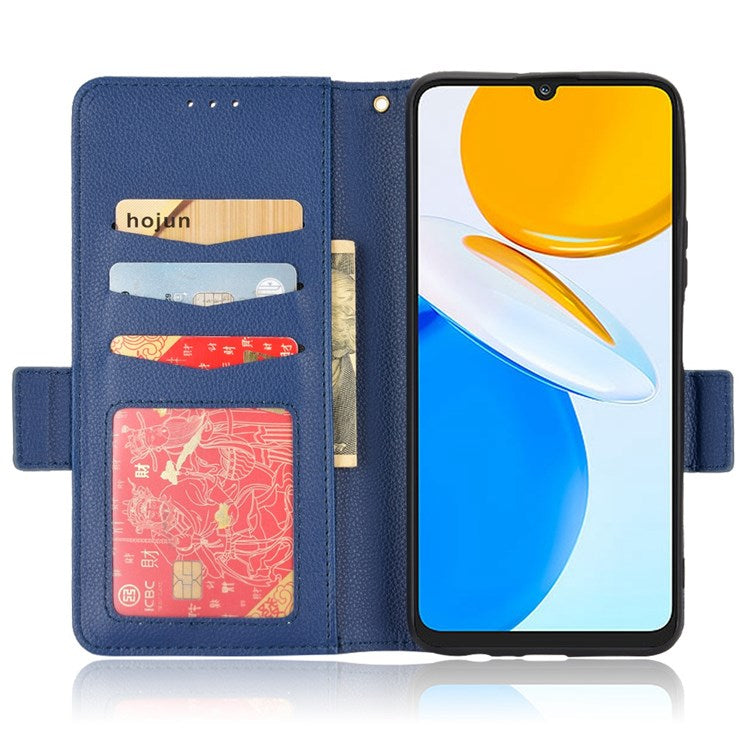 For Honor X7 Litchi Texture Magnetic Closure Wear-resistant Drop-proof Case Leather Stand Wallet Style Cell Phone Shell - Dark Blue