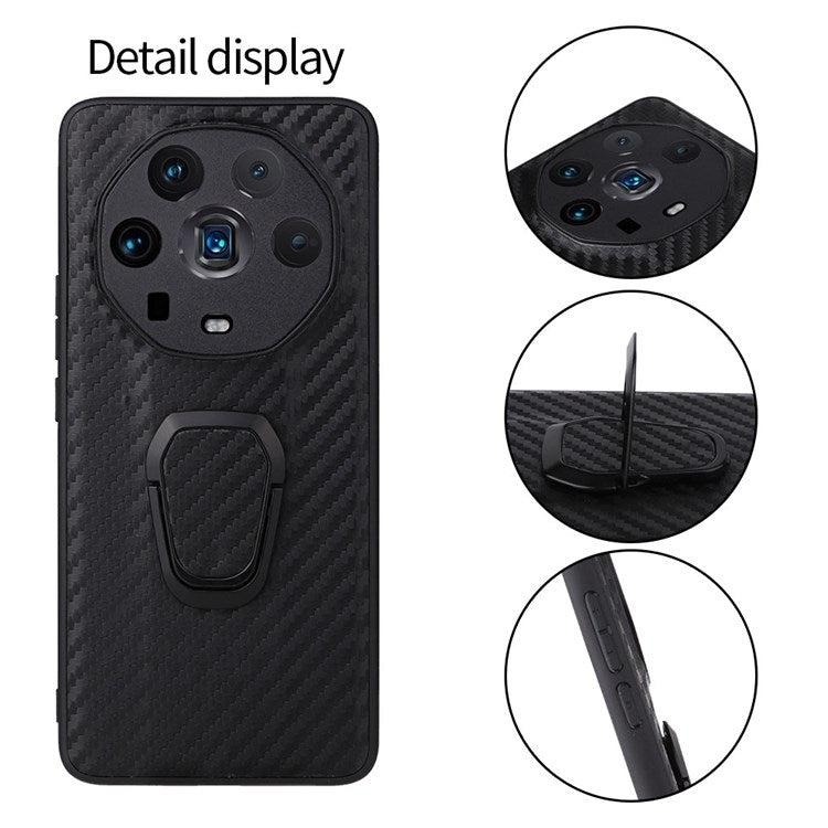 Ring Kickstand Phone Case for Honor Magic4 Ultimate, PU Leather Coated TPU + PC Cover with Car Mount Metal Sheet - Carbon Fiber Texture
