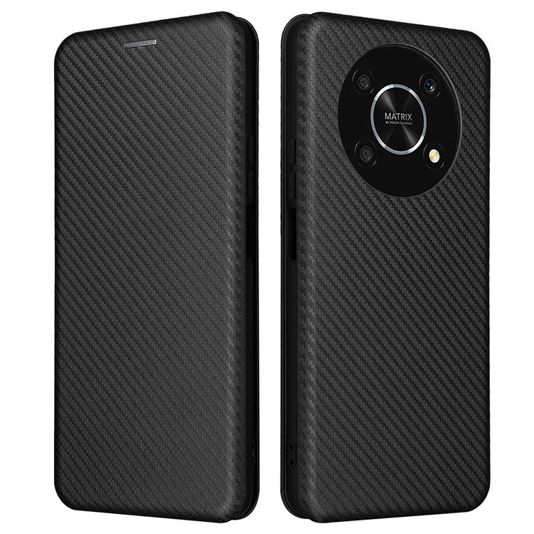 For Honor X9 5G/X30/Magic4 Lite 5G Carbon Fiber Texture PU Leather Soft TPU Folio Flip Cover Card Slot Stand Magnetic Auto-absorbed Case - Black