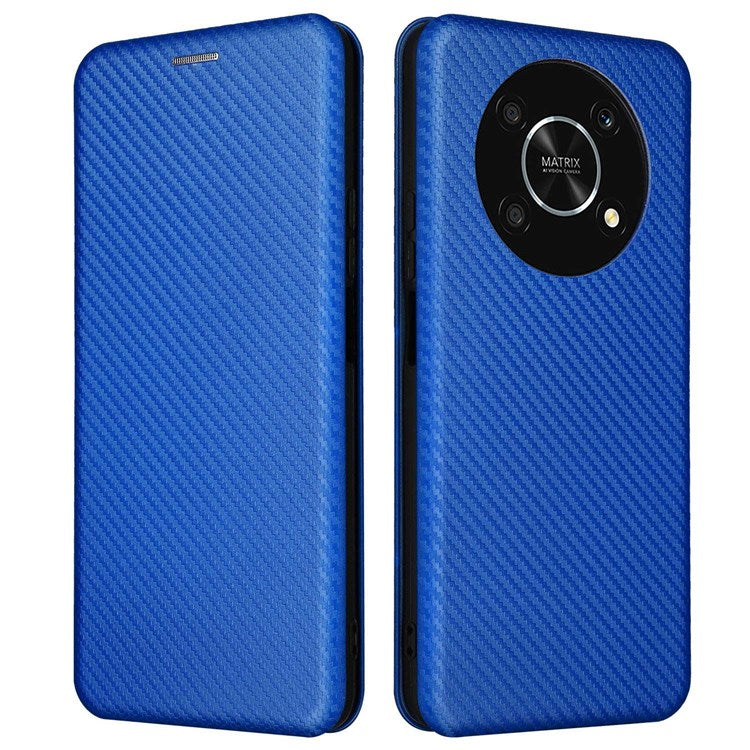 For Honor X9 5G/X30/Magic4 Lite 5G Carbon Fiber Texture PU Leather Soft TPU Folio Flip Cover Card Slot Stand Magnetic Auto-absorbed Case - Blue