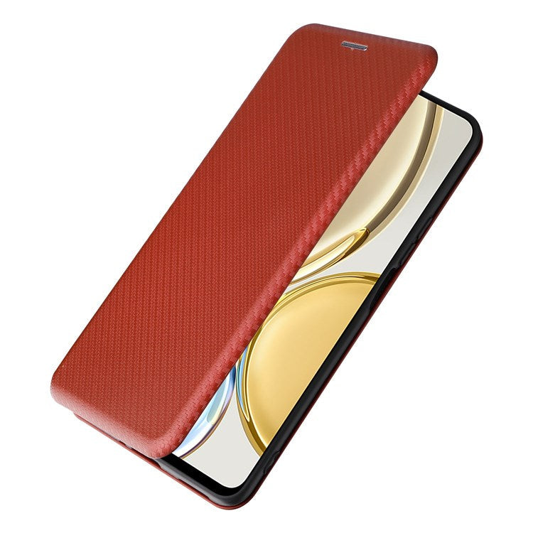 For Honor X9 5G/X30/Magic4 Lite 5G Carbon Fiber Texture PU Leather Soft TPU Folio Flip Cover Card Slot Stand Magnetic Auto-absorbed Case - Orange