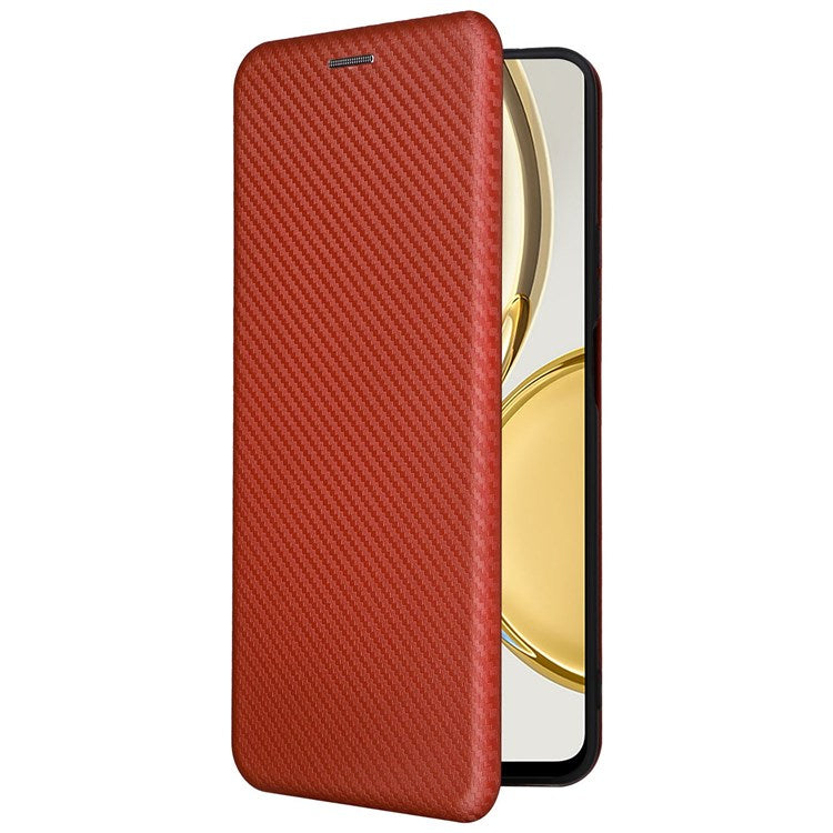 For Honor X9 5G/X30/Magic4 Lite 5G Carbon Fiber Texture PU Leather Soft TPU Folio Flip Cover Card Slot Stand Magnetic Auto-absorbed Case - Orange