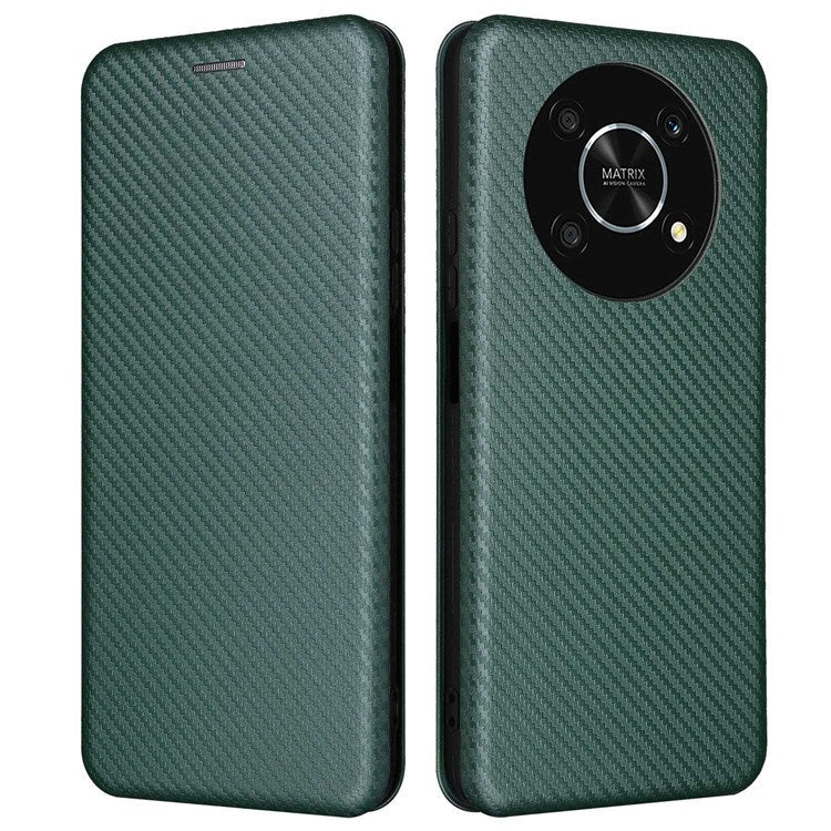 For Honor X9 5G/X30/Magic4 Lite 5G Carbon Fiber Texture PU Leather Soft TPU Folio Flip Cover Card Slot Stand Magnetic Auto-absorbed Case - Green