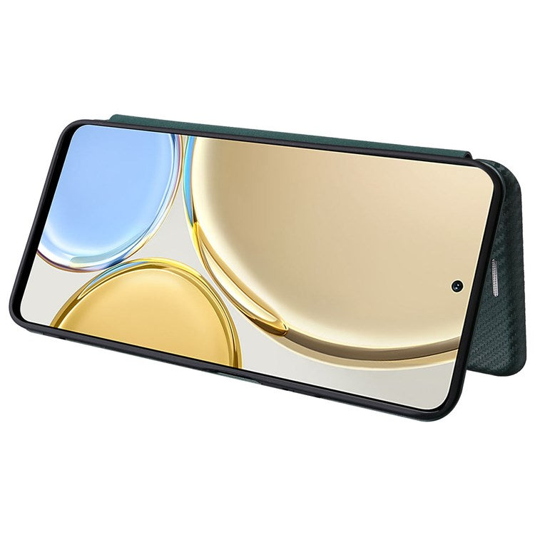 For Honor X9 5G/X30/Magic4 Lite 5G Carbon Fiber Texture PU Leather Soft TPU Folio Flip Cover Card Slot Stand Magnetic Auto-absorbed Case - Green