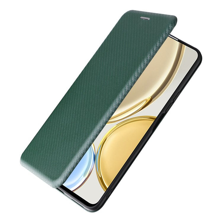 For Honor X9 5G/X30/Magic4 Lite 5G Carbon Fiber Texture PU Leather Soft TPU Folio Flip Cover Card Slot Stand Magnetic Auto-absorbed Case - Green
