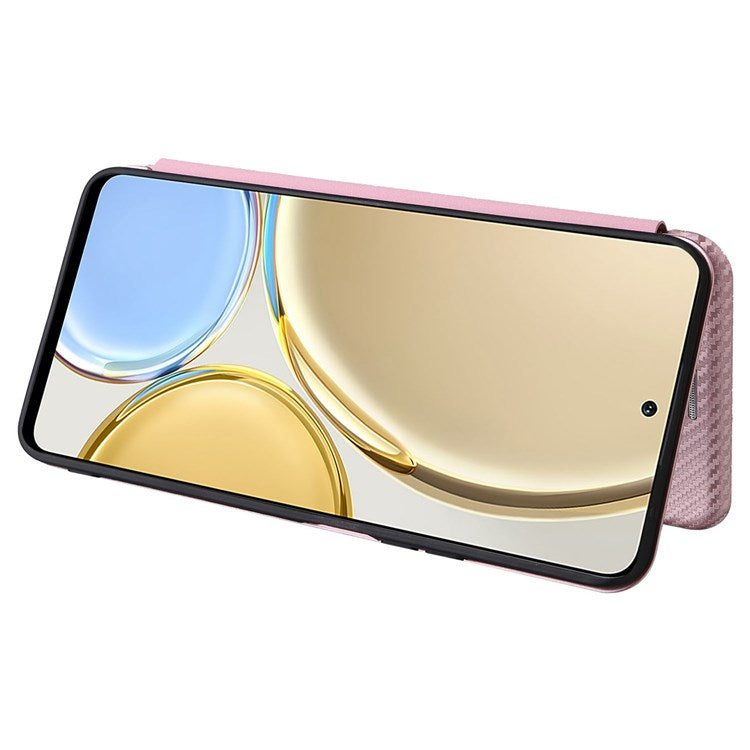 For Honor X9 5G/X30/Magic4 Lite 5G Carbon Fiber Texture PU Leather Soft TPU Folio Flip Cover Card Slot Stand Magnetic Auto-absorbed Case - Rose Gold