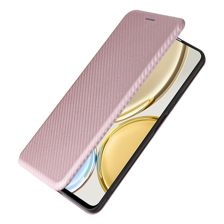 For Honor X9 5G/X30/Magic4 Lite 5G Carbon Fiber Texture PU Leather Soft TPU Folio Flip Cover Card Slot Stand Magnetic Auto-absorbed Case - Rose Gold