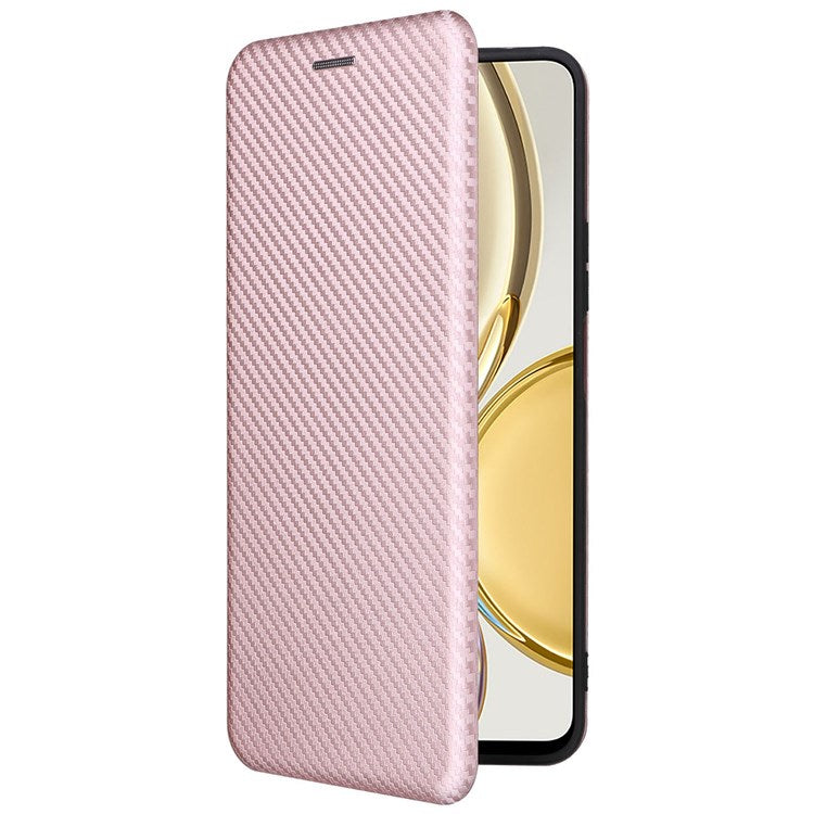 For Honor X9 5G/X30/Magic4 Lite 5G Carbon Fiber Texture PU Leather Soft TPU Folio Flip Cover Card Slot Stand Magnetic Auto-absorbed Case - Rose Gold