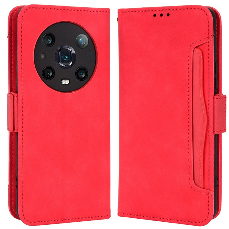 Multiple Card Slots PU Leather Phone Case for Honor Magic4 Pro 5G, Wallet Stand Double Magnetic Clasp Cover - Red