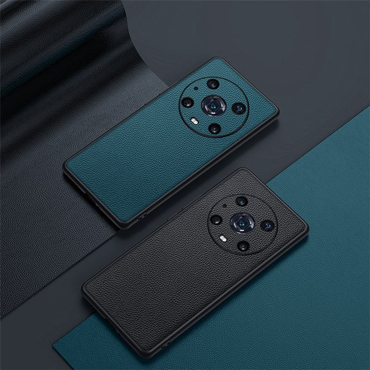 For Honor Magic4 Pro Litchi Texture Non-Slip Case Genuine Cowhide Leather Coated TPU Precise Cutouts Cover - Green