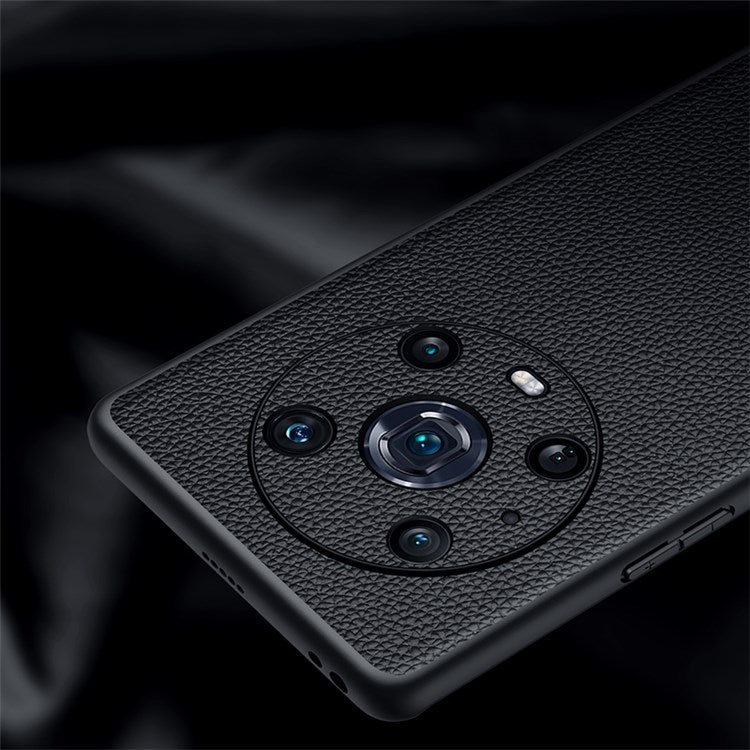 For Honor Magic4 Pro Litchi Texture Non-Slip Case Genuine Cowhide Leather Coated TPU Precise Cutouts Cover - Sapphire